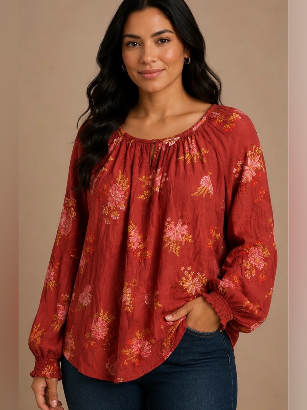 Sonoma Rust Floral Peasant Blouse with Pink & Yellow Accents Size Large